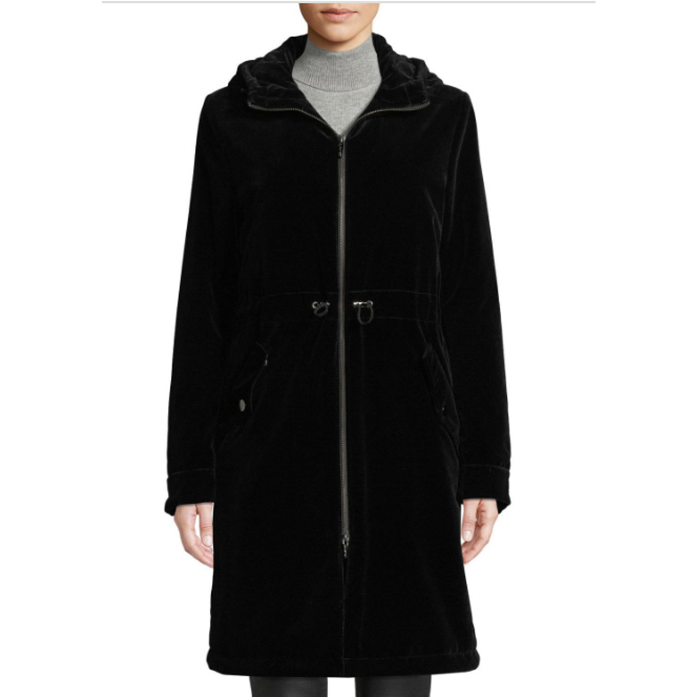 NWT JANE POST BLACK VELVET HOODED RAIN PARKA COAT $650 SIZE MEDIUM